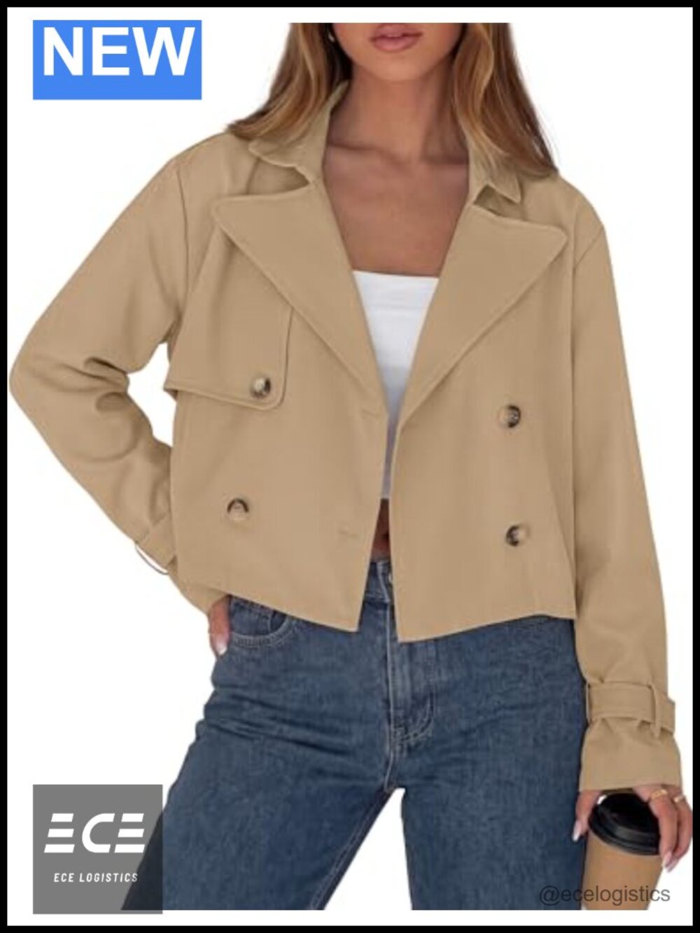 Women's Cropped Trench Coat Double Breasted Lightweight Jacket